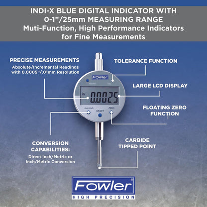 Fowler 54-520-250-0, indicador digital azul Ind-X con rango de medición de 25 mm