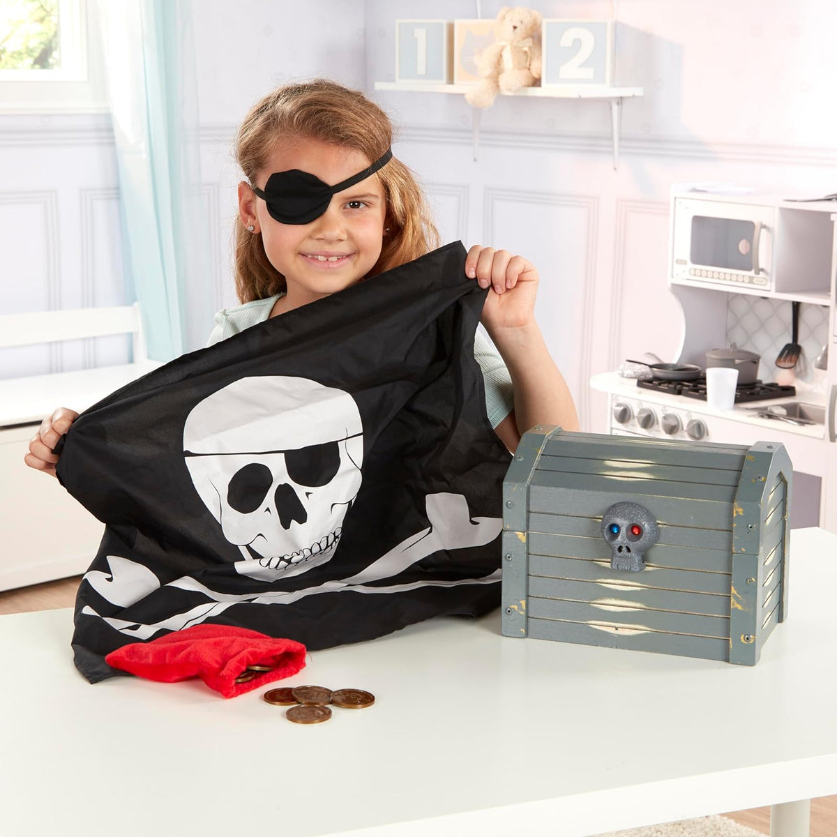Melissa & Doug Cofre Pirata de Madera, Set de Cofre del Tesoro, Juego de Simulación, Accesorios para Disfraz de Pirata