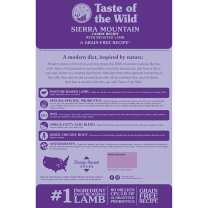 Taste Of The Wild Sierra Mountain Alimento para Perro | Cordero como ingrediente principal, todas las etapas de vida, sin granos, probióticos específicos para la salud digestiva