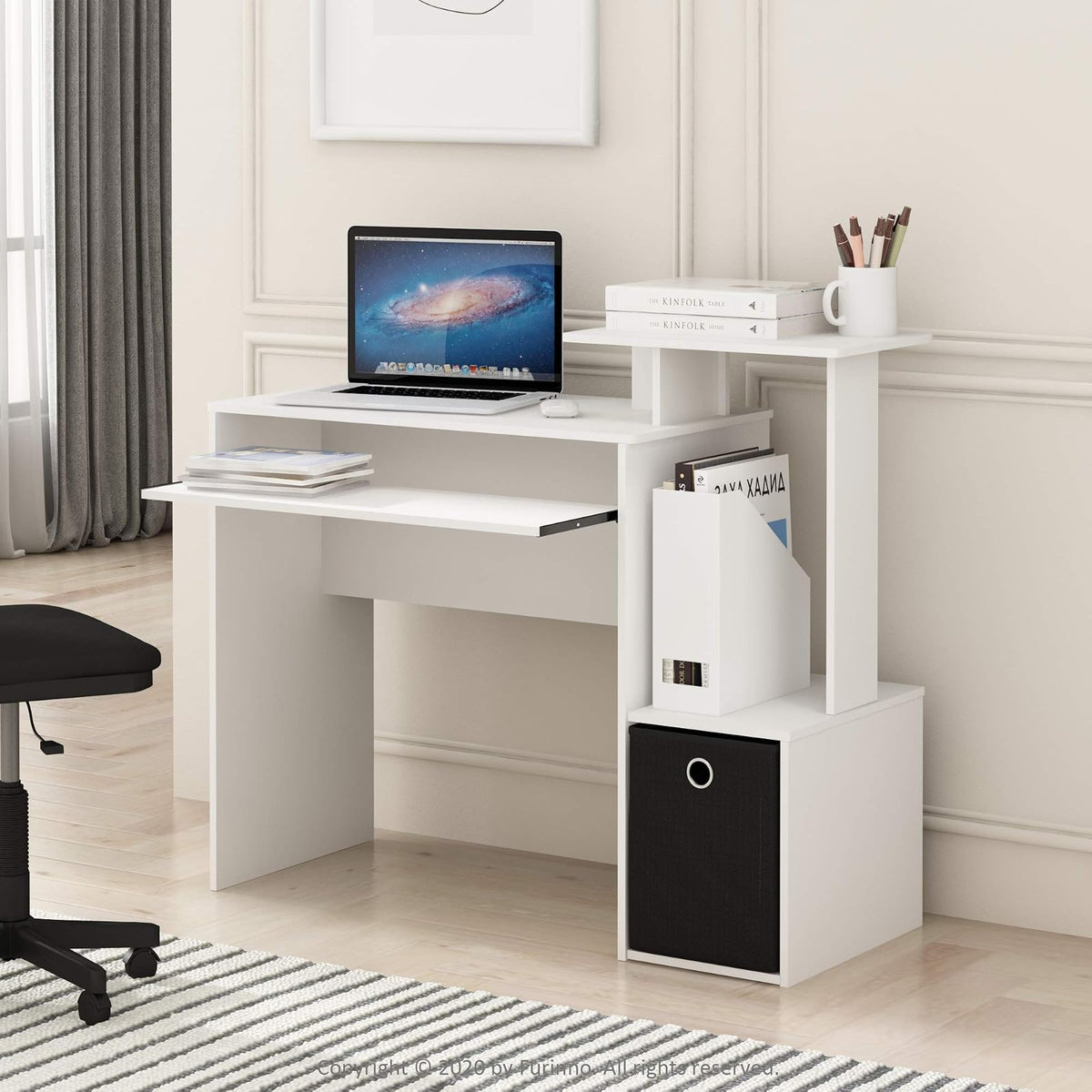 Furinno Econ Escritorio de Computadora Multifuncional para Oficina en Casa con Contenedor, Blanco con Negro