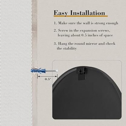 Sweetcrispy Espejo de Pared Redondo de 24 Pulgadas con Vidrio Templado, Espejo de baño sobre Fregadero, Espejo Redondo antivaho e Impermeable para baño, Entrada, recámara, diseño inastillable, Negro