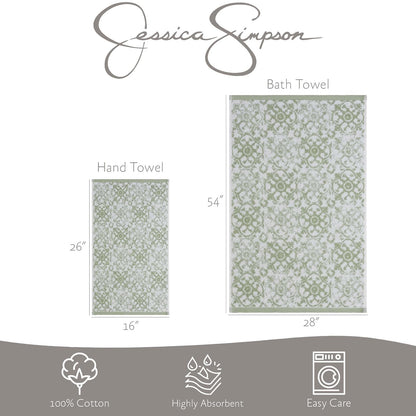 Jessica Simpson – Bath Towel 4 Piece Set | Aziza | Premium Bathroom Décor | Includes 2 Hand Towels and 2 Shower Towels | 100% Cotton & Machine Washable | Frosty Green