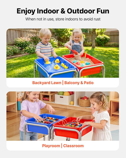 VEVOR Mesa Sensorial Infantil, Mesa de Juego de Agua y Arena para Niños de 3-6 Años, 3 Alturas Ajustables, 2 Cajas Desmontables, Patas Antideslizantes, Acero al Carbono, para Actividades al Aire Libre