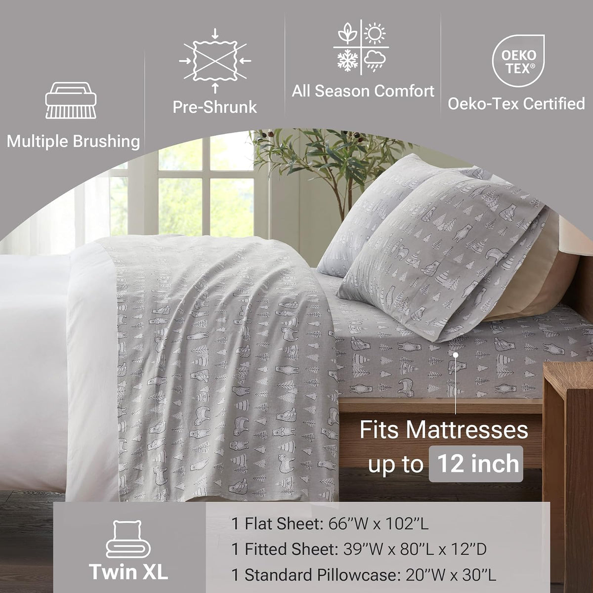 True North by Sleep Philosophy - Sábana de Franela cálida 100% algodón, diseño de Estrellas de Animales con Estampado novedoso, Bonito Juego de Ropa de Cama Ultra Suave para Clima frío, tamaño