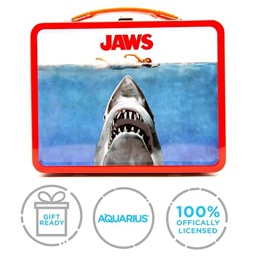 AQUARIUS Jaws Gen 2 Fun Box - Caja de almacenamiento de lata resistente con mango de plástico y cubierta frontal en relieve, mercancía oficial de mandíbulas y regalo coleccionable para niños,