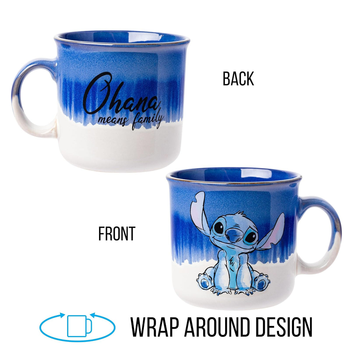 Silver Buffalo Disney Lilo and Stitch Ohana Means Family Reactive Glaze - Taza de cerámica para campista, 20 onzas
