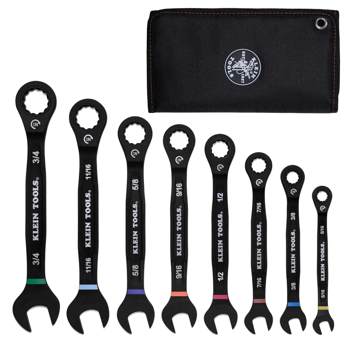 Klein Tools 69408G Juego de llaves combinadas de carraca, SAE, 5/16 a 3/4 pulgadas, aleación de acero de 90 dientes con bolsa de espuma, 8 piezas