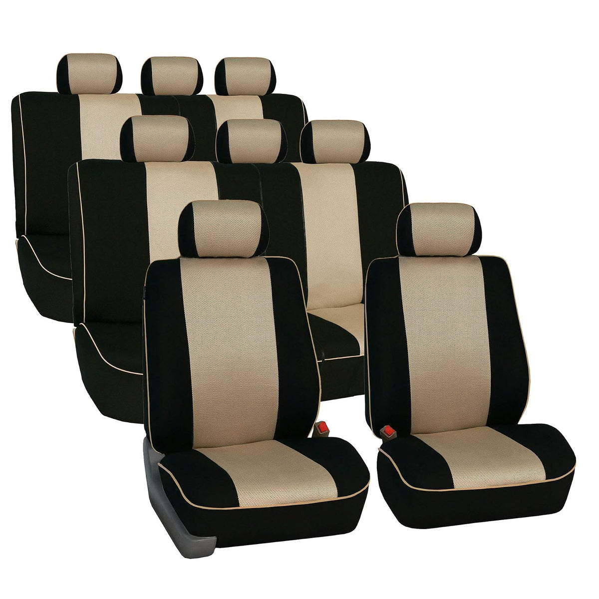FH GROUP FH-FB063128 Three Row Cloth Car Seat Covers with Piping Airbag & Split Ready Beige/Black- Fit Most Car, Truck, SUV, or Van