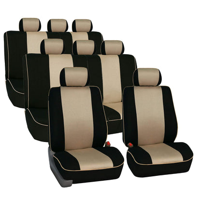 FH GROUP FH-FB063128 Three Row Cloth Car Seat Covers with Piping Airbag & Split Ready Beige/Black- Fit Most Car, Truck, SUV, or Van
