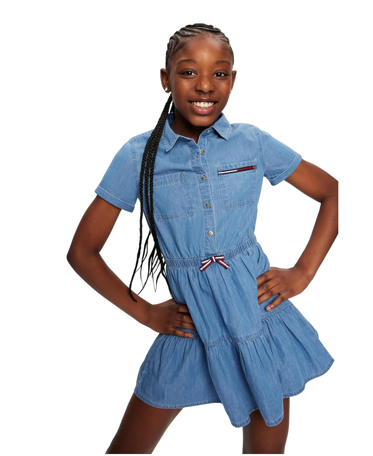 Tommy Hilfiger Short Sleeve Lightweight Denim Dress, Collared with Cinched Waist Vestido Informal Niñas