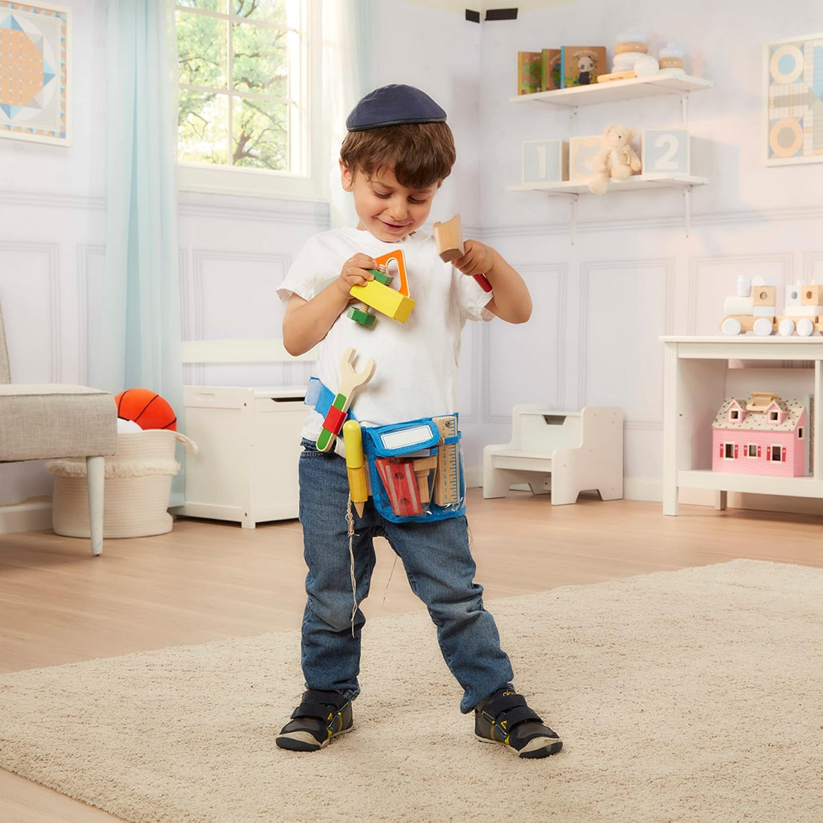 Melissa & Doug - Juego Deluxe de Cinturón para Herramientas, 5 Herramientas de Juguete de Madera, 8 Piezas de Construcción