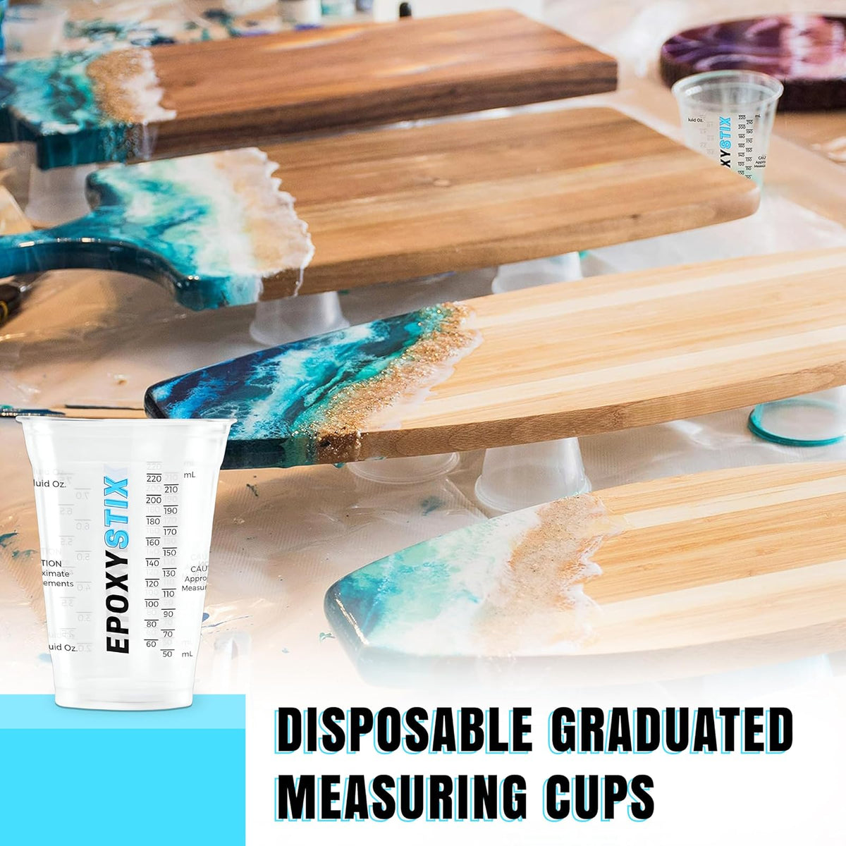Paquete de 25 tazas medidoras graduadas desechables de 10 onzas para mezclar, medidas en ml y onzas, tazas reutilizables multiusos para pintura, resina epoxi, manchas, vasos mezcladores líquidos