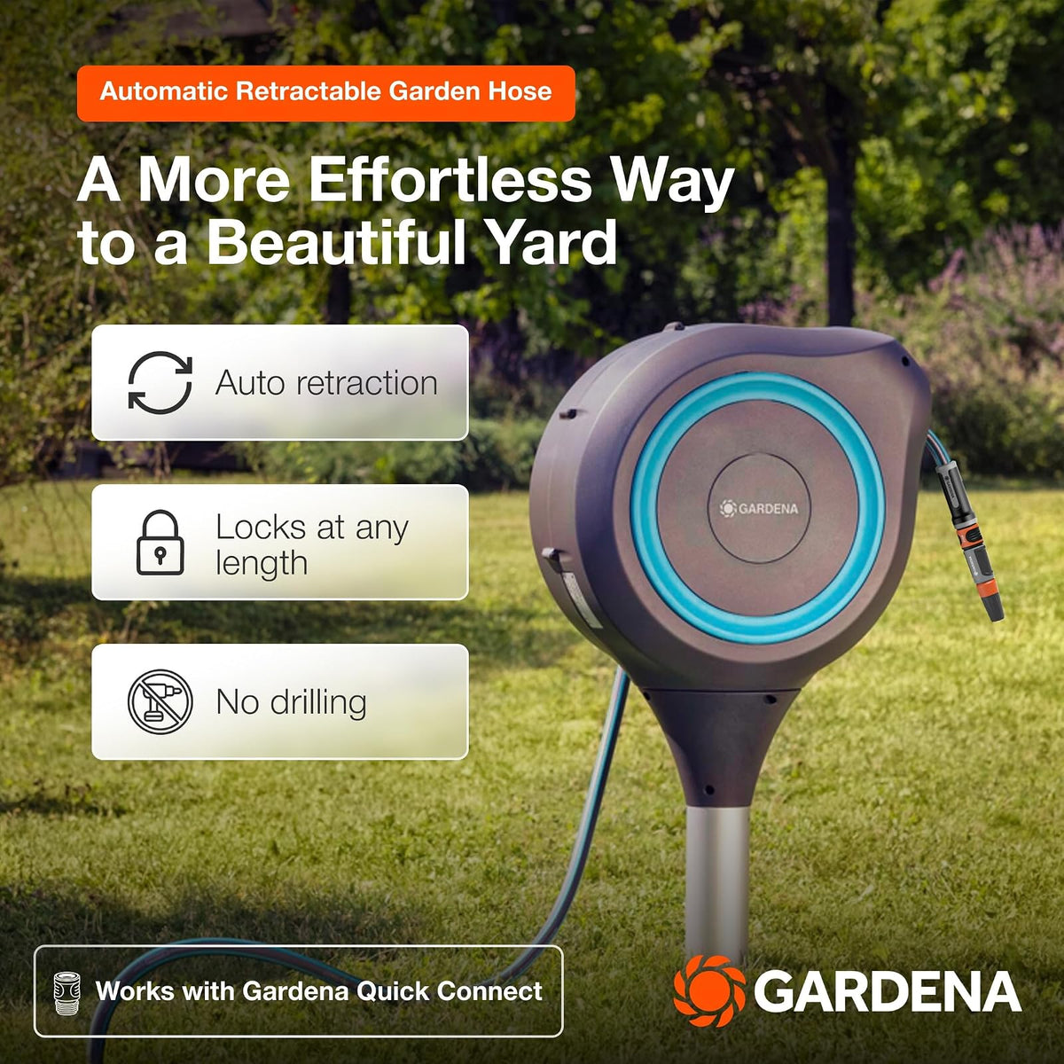 GARDENA (18604-80) carrete de manguera de jardín retráctil automático de 50 x 1/2 pulgadas para uso exterior en espiga de metal con fácil giro para un riego simple de jardines y zacate. 5 años de