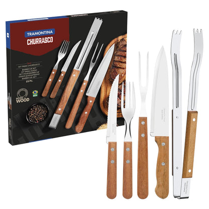 Tramontina Kit Churrasco Asado 15 Piezas Acero Inoxidable Mango Madera
