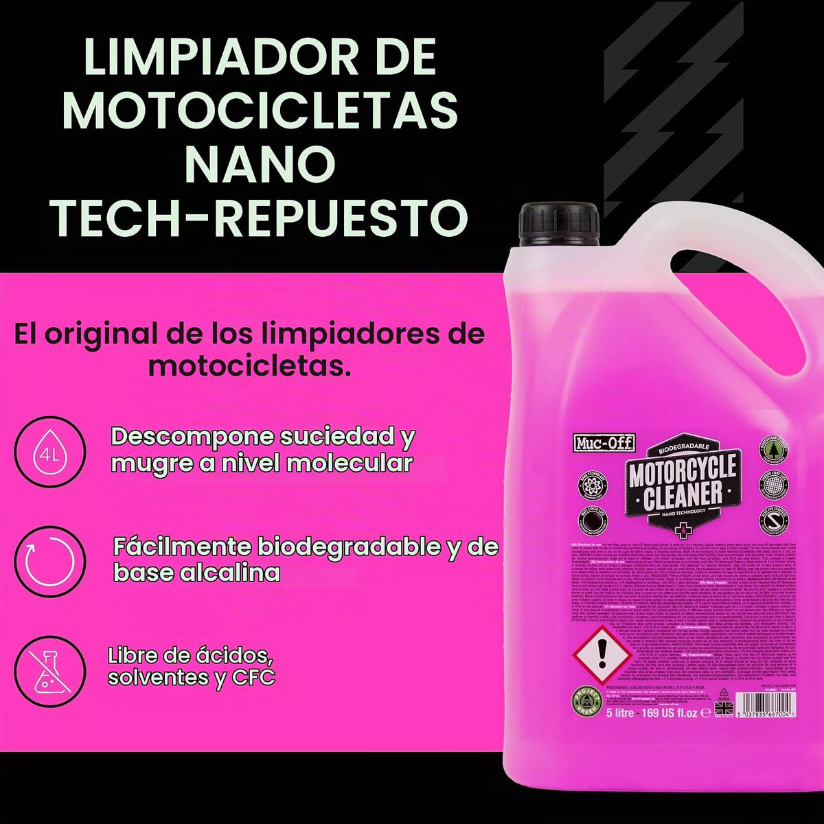 Muc-Off 667US Limpiador Nano-Tech para Motocicleta 5 L, Biodegradable, Rosa | Fórmula alcalina, segura en fibra de carbono, metal anodizado, sellos y rotores de disco, para todoterreno y desplazamiento