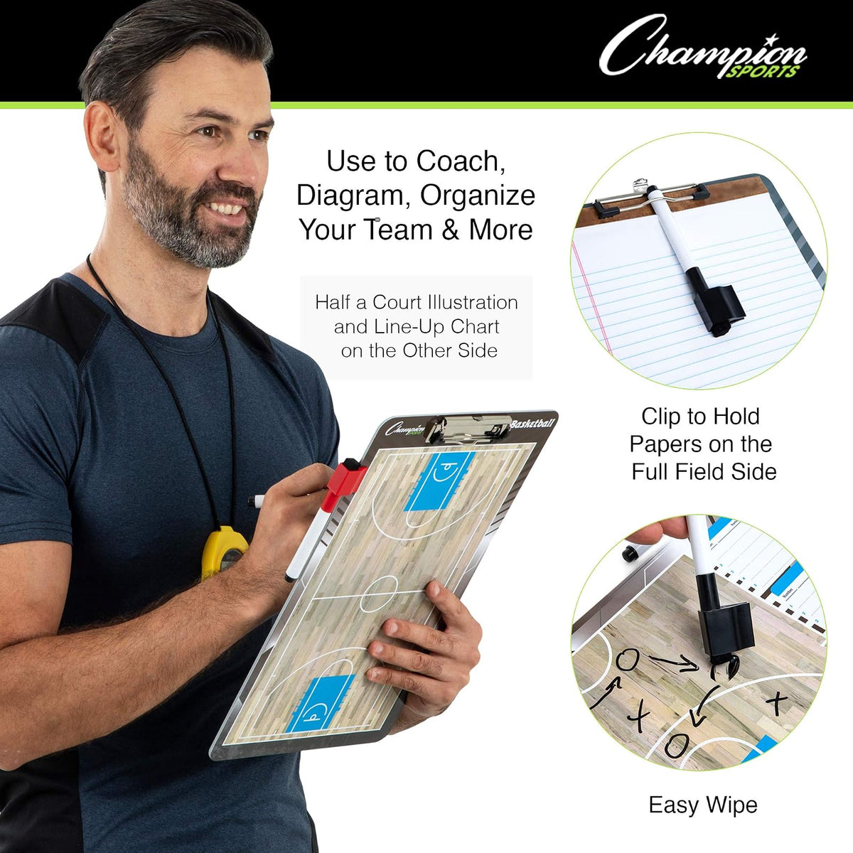 Champion Sports - pizarrón de borrado en seco grande y XL para entrenamiento - Pizarras blancas para estrategias, técnicas, juegos, tablas de 2 caras con campo completo frontal - Medio campo trasero y
