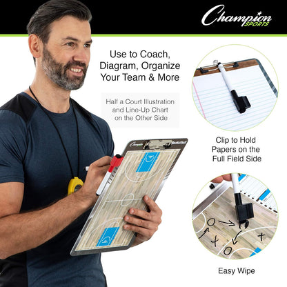 Champion Sports - pizarrón de borrado en seco grande y XL para entrenamiento - Pizarras blancas para estrategias, técnicas, juegos, tablas de 2 caras con campo completo frontal - Medio campo trasero y