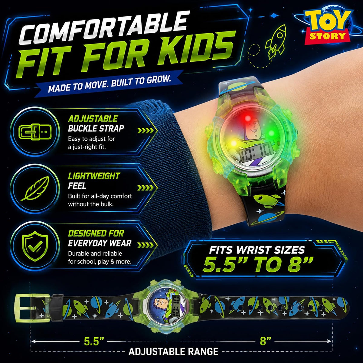 Disney Pixar Toy Story 4 Buzz Lightyear - Reloj LCD intermitente para niños con esfera colorida iluminada, funda duradera, correa con temática espacial, perfecto para niños y niñas a partir de 4 años,