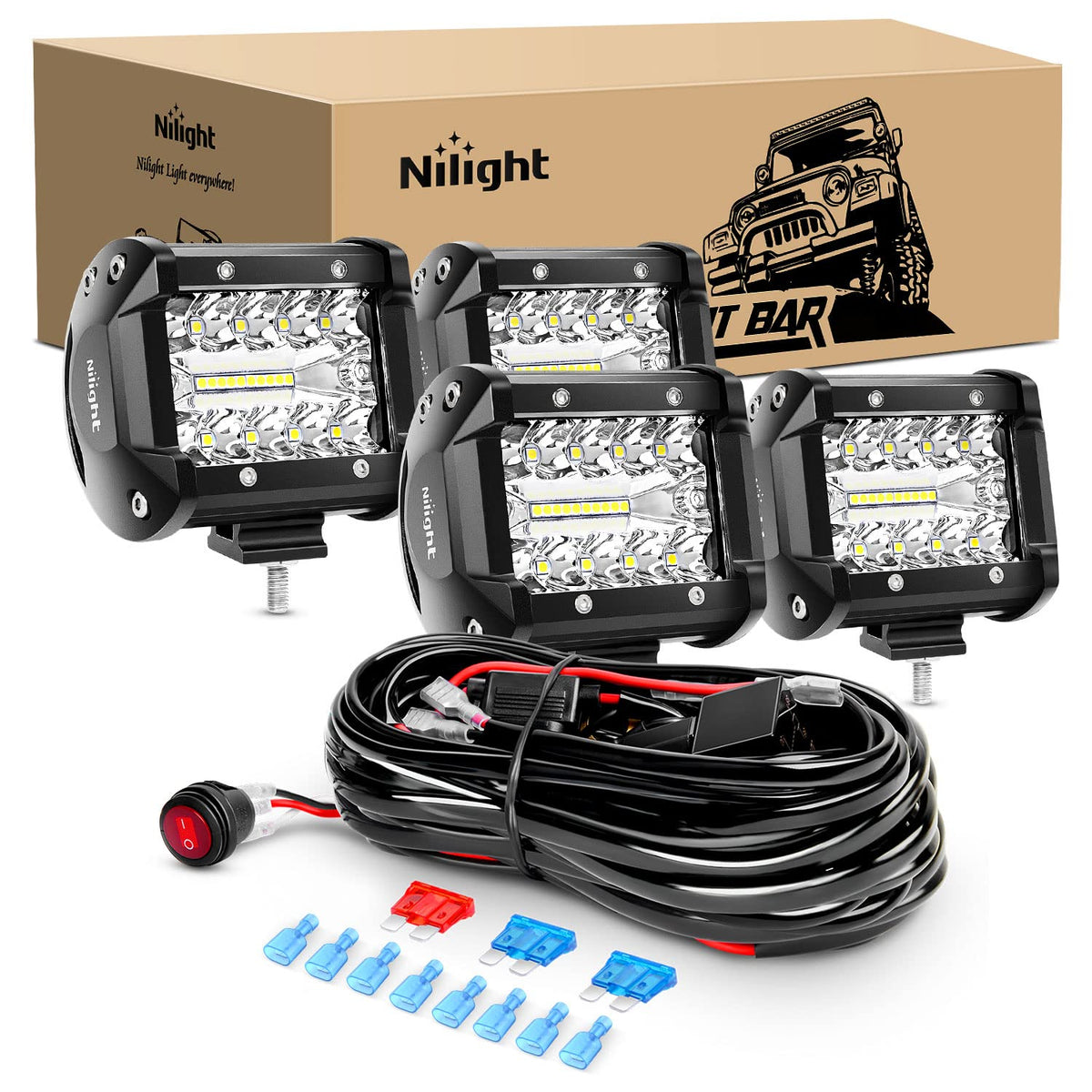 Nilight ZH416-4 Unidades de 4 Pulgadas 60 W de Triple hilera de Punto de inundación Combo de 6000 LM, Barra de luz LED de conducción de Barco con arnés de cableado de 16 AWG, 4 Cables