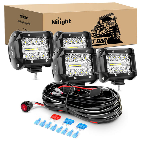 Nilight ZH416-4 Unidades de 4 Pulgadas 60 W de Triple hilera de Punto de inundación Combo de 6000 LM, Barra de luz LED de conducción de Barco con arnés de cableado de 16 AWG, 4 Cables