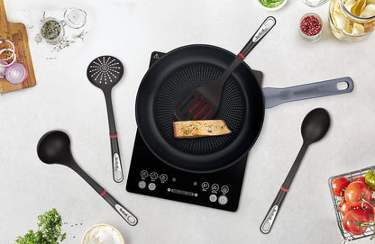 Tefal Juego de 4 Utensilios de Cocina Ingenio, Nylon. Incluye Espátula, Cucharón, Cuchara y Colador, color Negro, Resiste hasta 230°C, K206S414