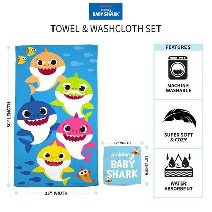 Franco Baby Shark - Juego de 2 Toallas de Rizo de algodón Suave y Absorbente para niños, 50 x 25 Pulgadas