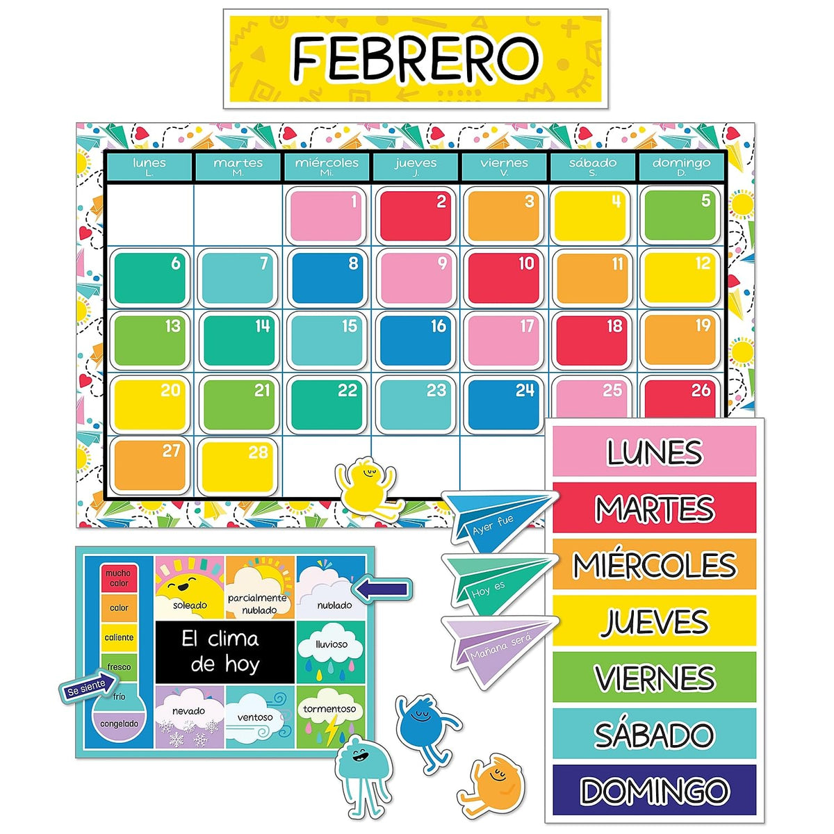 Carson Dellosa Happy Place - Juego de 139 piezas de calendario español, cabecera mensual, día festivo, cobertura de números, estaciones, clima, tabla de días de la semana, ESL o aula bilingüe, tablero