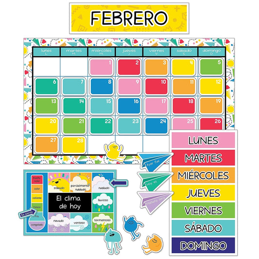 Carson Dellosa Happy Place - Juego de 139 piezas de calendario español, cabecera mensual, día festivo, cobertura de números, estaciones, clima, tabla de días de la semana, ESL o aula bilingüe, tablero