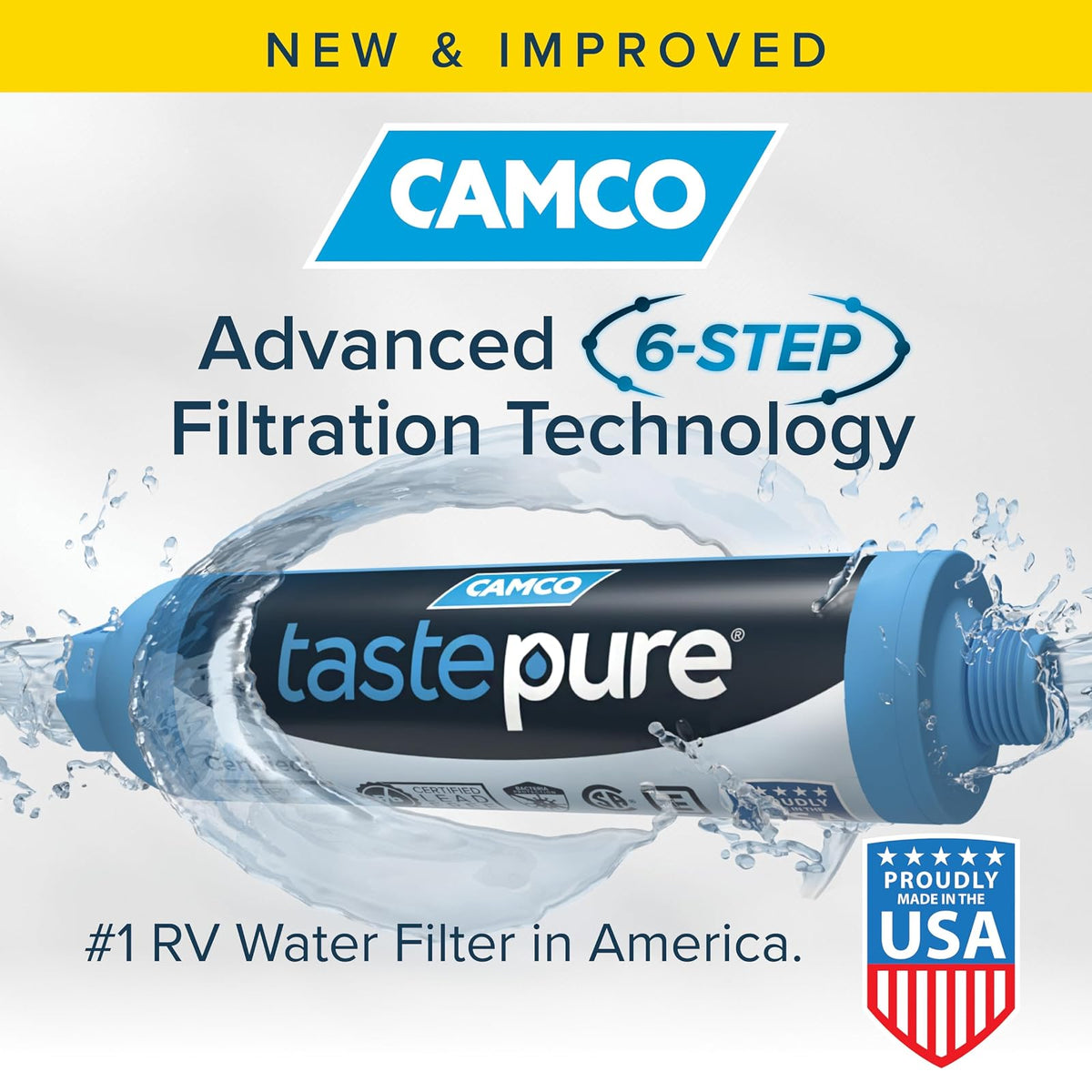 Camco Filtro de Agua Extra Grande: Reduce Mal Sabor, Olor, Sedimentos, Bacterias y Cloro - 1 Unidad - Filtro de Agua Potable para Caravana y Barco - Certificado Sin Plomo - 40019