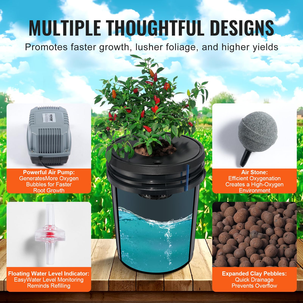 VEVOR DWC Sistema hidropónico, 5 galones y 8 Cubos, cubeta de Cultivo de Agua Profunda, Kit de Cultivo hidropónico con Bomba, Piedra de Aire y Dispositivo de Nivel de Agua, para Verduras de Hoja y