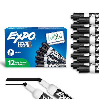 Expo Marcadores de borrado en seco con poco olor., Cincel, Negro, 12-Count