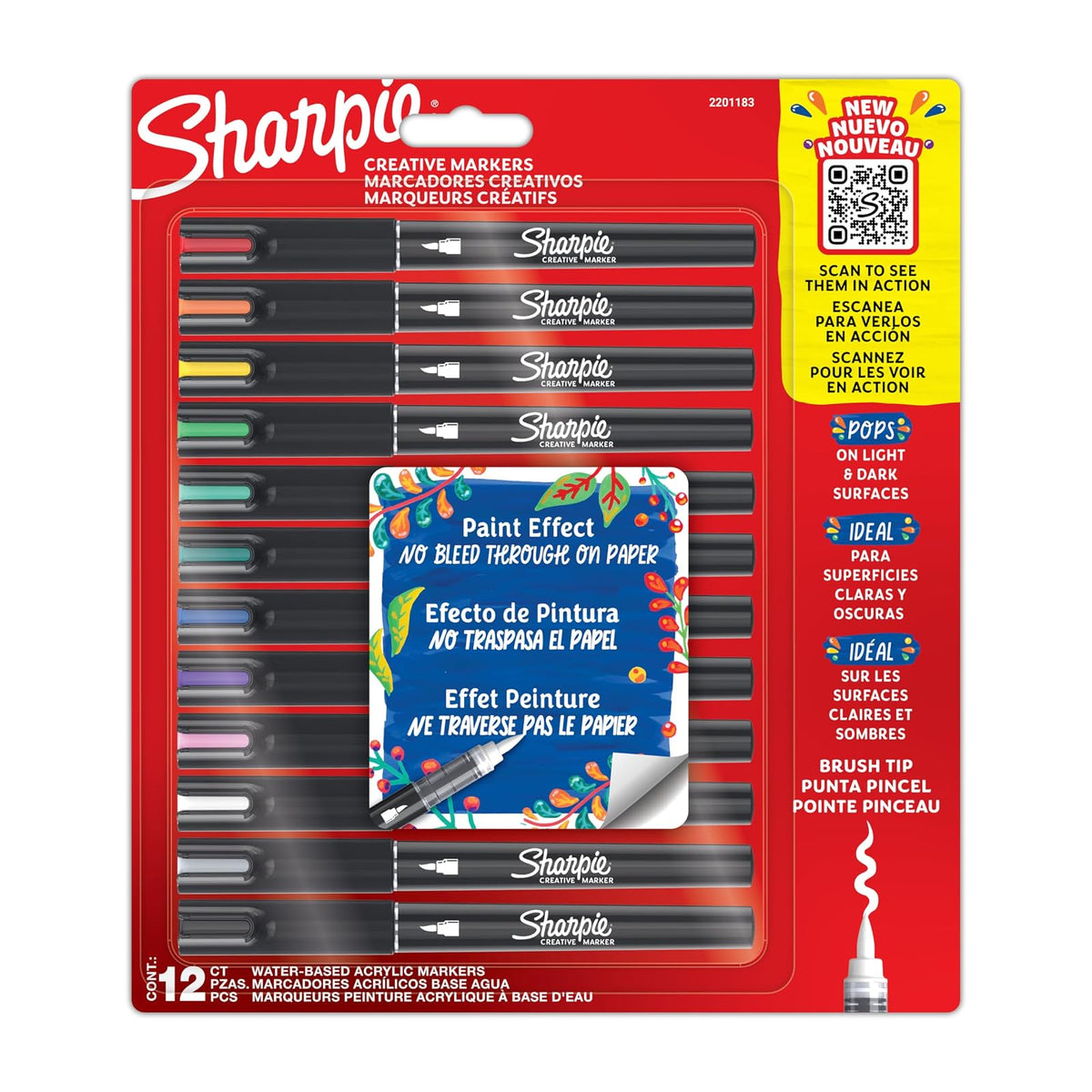 Sharpie Marcadores Creativos Acrílicos Punta Pincel, Colores Surtidos - 12