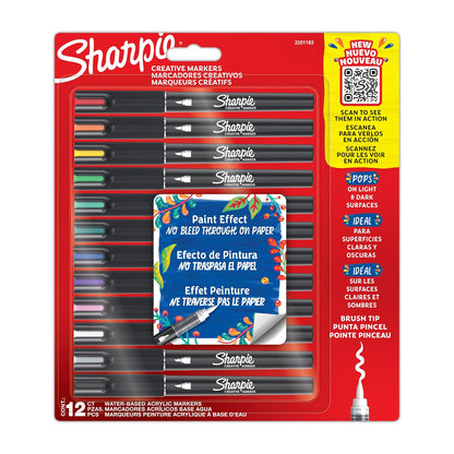 Sharpie Marcadores Creativos Acrílicos Punta Pincel, Colores Surtidos - 12