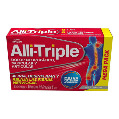 Alliviax ALLITRIPLE Alivio triple: ciática, lumbar y cervical, Alivia el dolor e inflamación de músculos, articulaciones y fibras nerviosas, con diclofenaco y complejo b, Caja con 20 tabletas