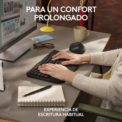 Logitech Wave Keys for Business, Teclado ergonómico inalámbrico con reposamanos Acolchado, tecnología Logi Bolt Segura, Bluetooth, Compatible con Windows/Mac/Chrome/Linux - Grafito