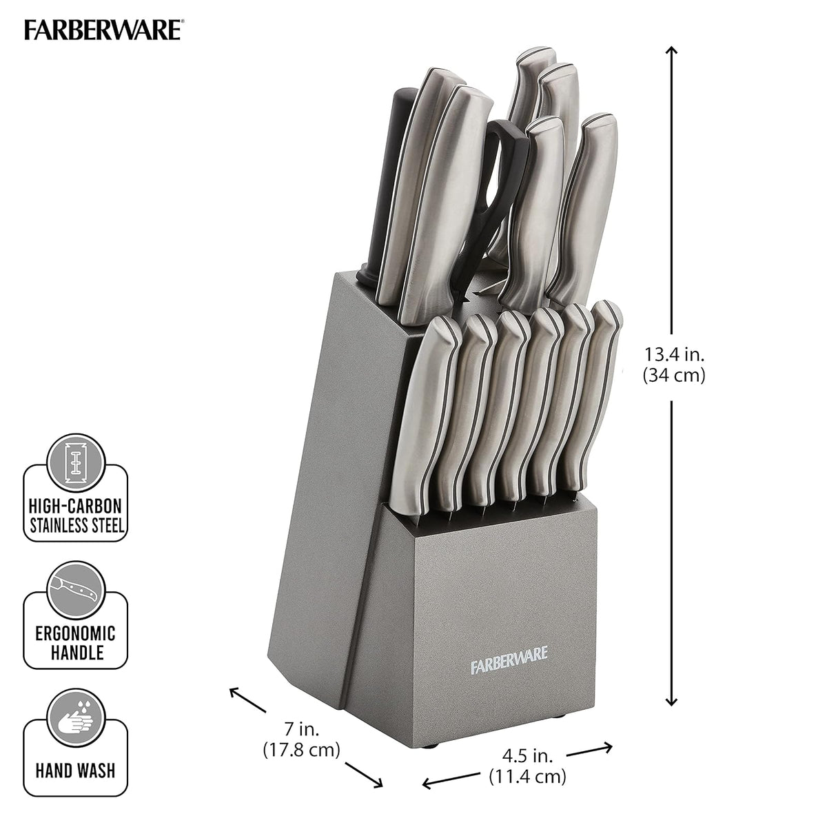 Farberware Juego de 15 cuchillos de acero inoxidable estampado, juego de cuchillos de cocina de acero inoxidable de alto carbono con asas ergonómicas, cuchillos afilados con bloque de madera, juego de
