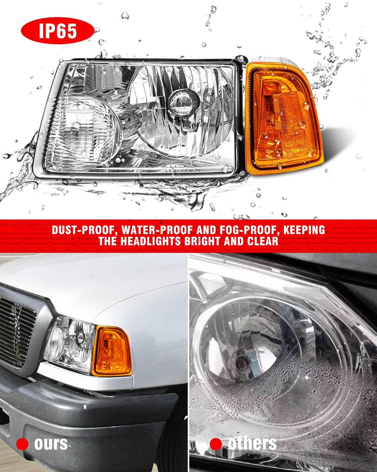 ADCARLIGHTS para Ford Ranger 2001, 2002, 2003, 2004, 2005, 2006, 2007, 2008, 2009, 2010, 2011 Conjunto de Faro Delantero con Lente Transparente Carcasa Cromada Reflector Ámbar Reemplazo de Faro
