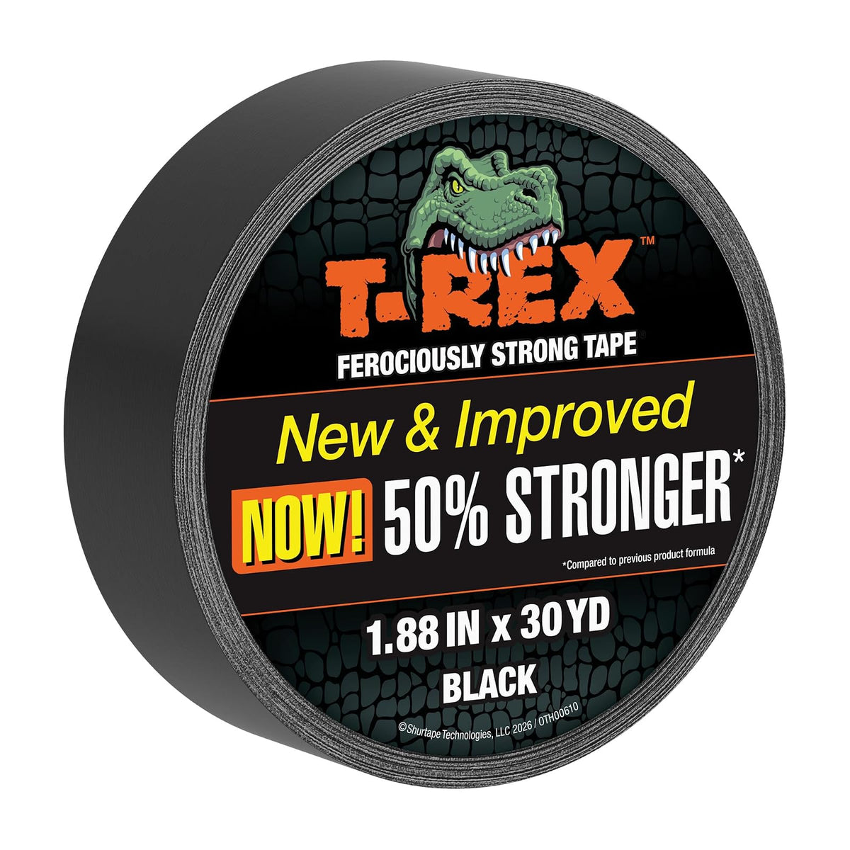 T-Rex Cinta adhesiva resistente con respaldo resistente a los rayos UV e impermeable para reparaciones ferozmente fuertes, 1.9 pulgadas x 30 yardas, color negro, 1 rollo