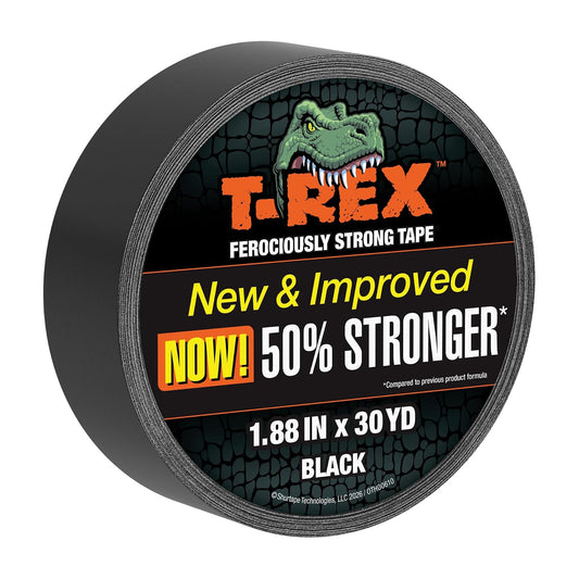 T-Rex Cinta adhesiva resistente con respaldo resistente a los rayos UV e impermeable para reparaciones ferozmente fuertes, 1.9 pulgadas x 30 yardas, color negro, 1 rollo
