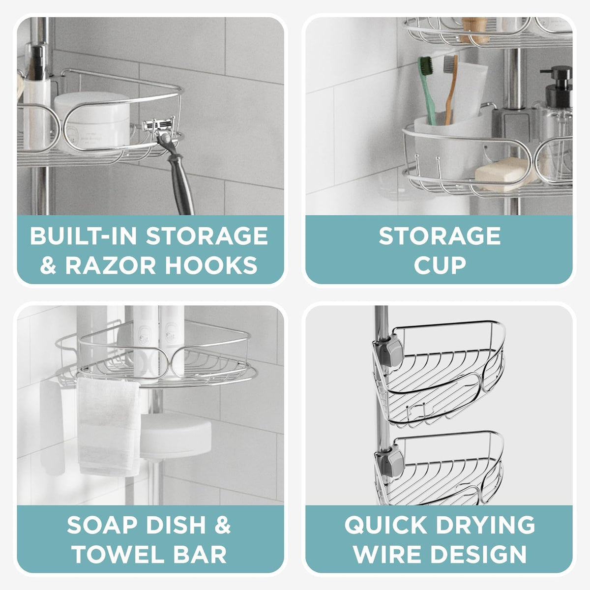 Zenna Home - Organizador de Esquina para Ducha con Poste de tensión, Organizador Ajustable para Ducha de pie con 4 estantes, Organizador de Barra de tensión de baño, de 60 a 108 Pulgadas, Acero