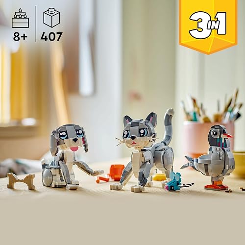 LEGO® Creator 3en1 Gato Juguetón Juguete con Animales, transformable en Figura de Perro o Paloma, Set de construcción, Regalo de cumpleaños para niñas y niños de 8 años o más 31163