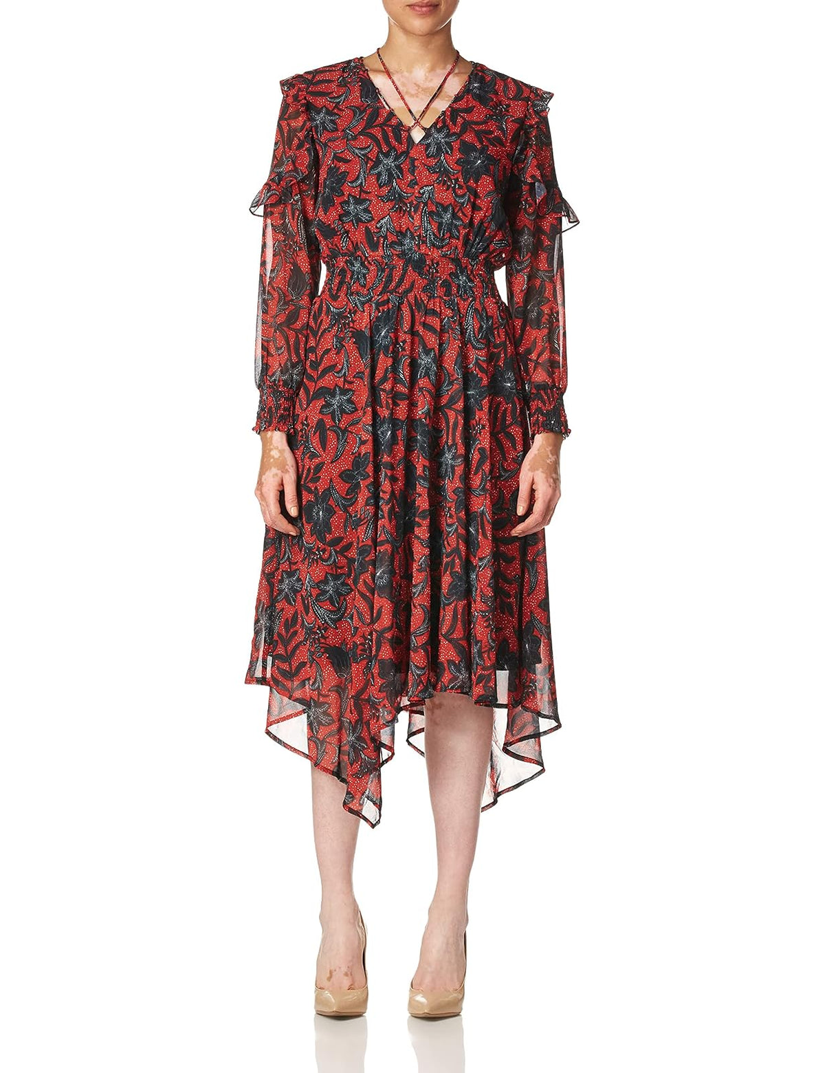 Sam Edelman Long Sleeve Smocked Hanky Hem Dress Vestido Salida Casual de Noche Mujer
