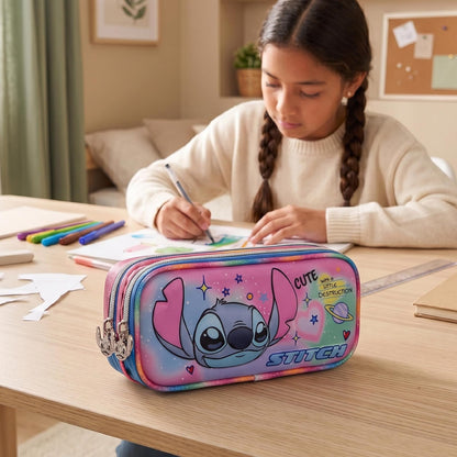 Ruz Lapicera Doble Infantil y Preescolar | Stitch | 100% Poliéster Edición Premium | Portalápices de Tela para Niños con 2 Divisiones y Cierre de Cremallera | Recomendado desde 3 años