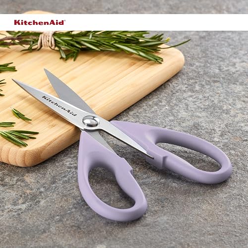 KitchenAid - Tijeras de cocina multiusos con funda protectora, tijeras duraderas de acero inoxidable, aptas para lavaplatos, mango cómodo de agarre suave, 8.72 pulgadas, color crema lavanda