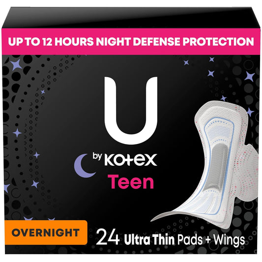 U by Kotex Adolescente ultra delgado femenino almohadillas con alas, durante la noche, sin perfume, 24 unidades