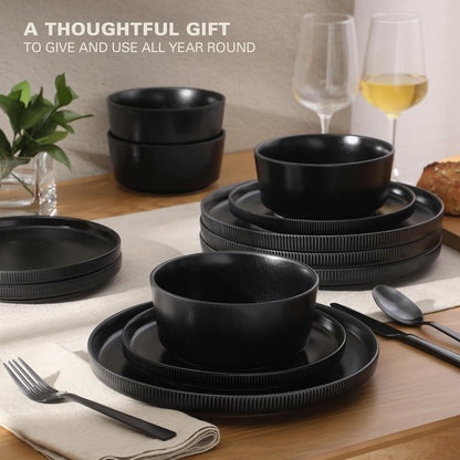 Gibson Home Dempsey Road - Juego de vajilla de gres de 12 piezas, servicio para 4, platos y cuencos negros redondos, duradero y de color sólido, moderno juego de platos en relieve, apto para