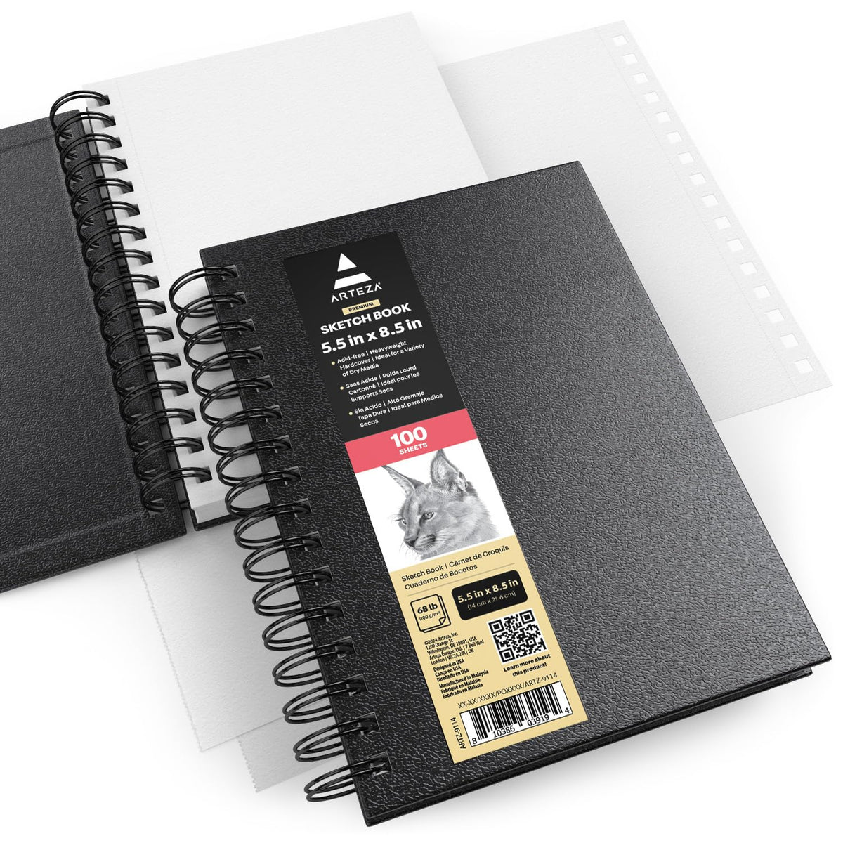 Arteza Cuaderno de Bocetos Espiral | 5.5 x 8.5 pulgadas, paquete de 3, 100 hojas, para dibujar, adultos y adolescentes