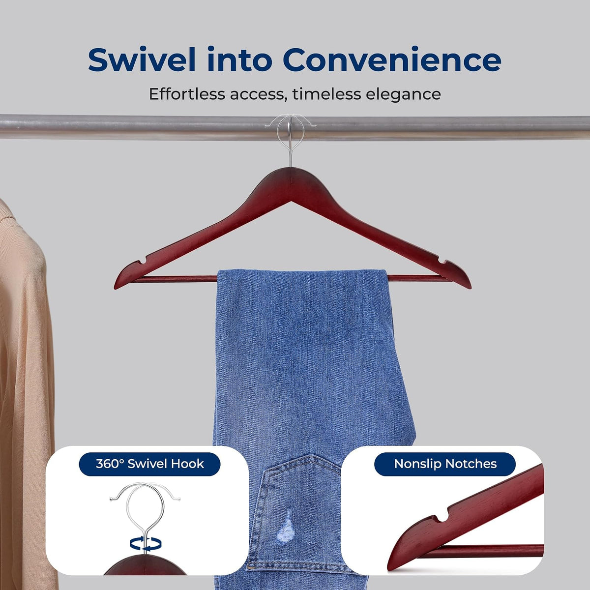 Serenelife Ganchos de Madera Premium, Ahorradores de Espacio, Resistentes, con Gancho Metálico Giratorio de 360°, para Abrigos, Pantalones y Vestidos, Negro, Pack 10