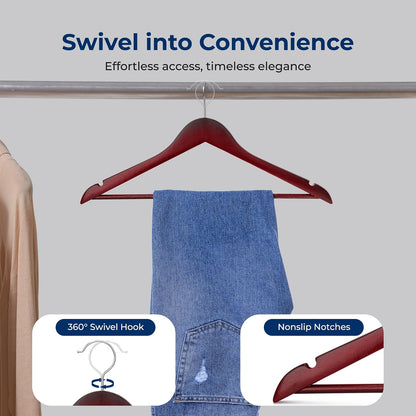 Serenelife Ganchos de Madera Premium, Ahorradores de Espacio, Resistentes, con Gancho Metálico Giratorio de 360°, para Abrigos, Pantalones y Vestidos, Negro, Pack 10