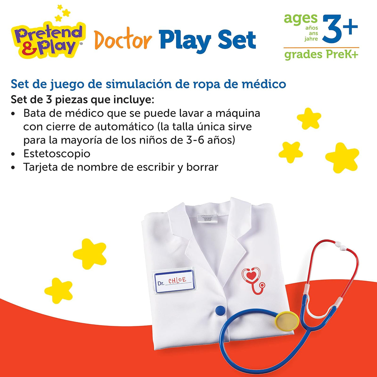 Learning Resources Doctor Play Set, Kit de médico para niños, Juego de simulación, Juego de imaginación, 3 Piezas, Mayores de 3 años